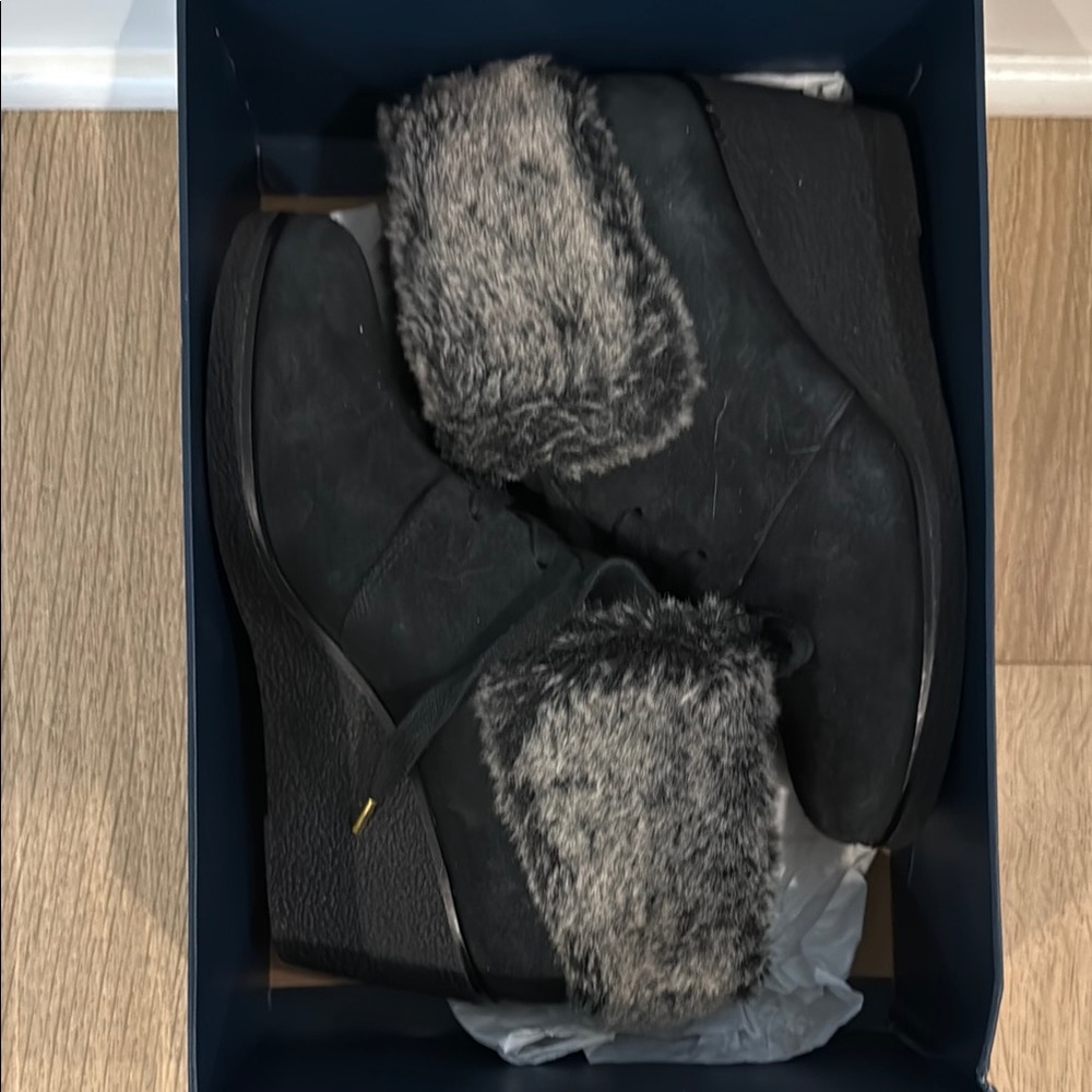 Cole Haan Black Wedge Boots with Gray Fur